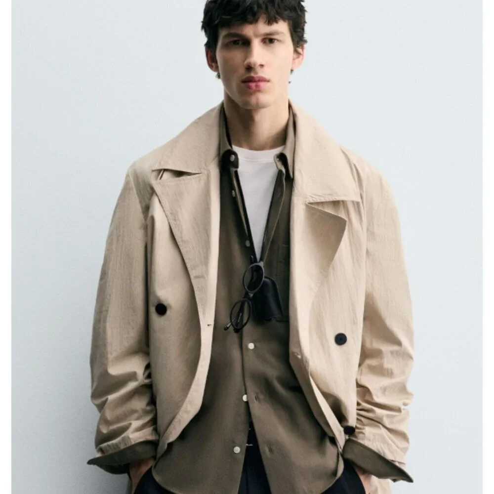 Zara Men's Oversized Fit Trench Coat Crinkle Tan Lightweight NWT S-M Size